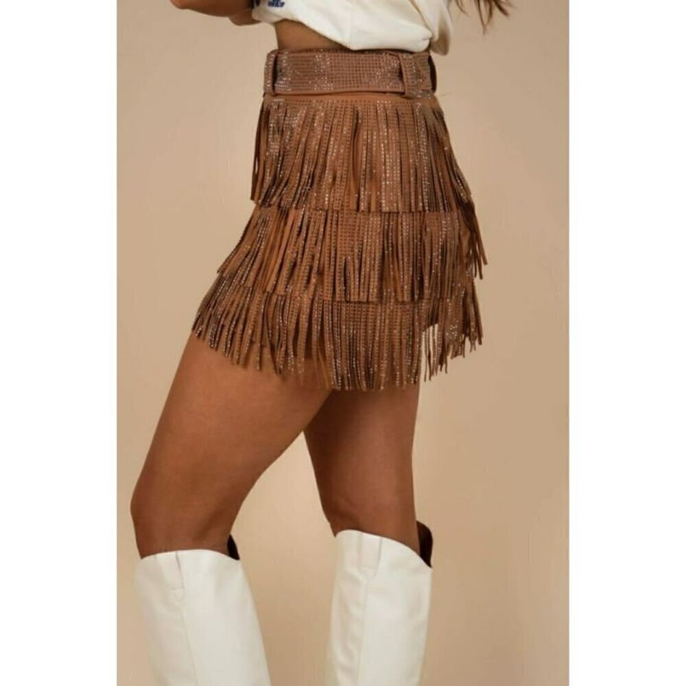 *PLUS ONLY* Spotlight Stealer Rhinestone Fringe Mini Skort Camel - Picture 4 of 10